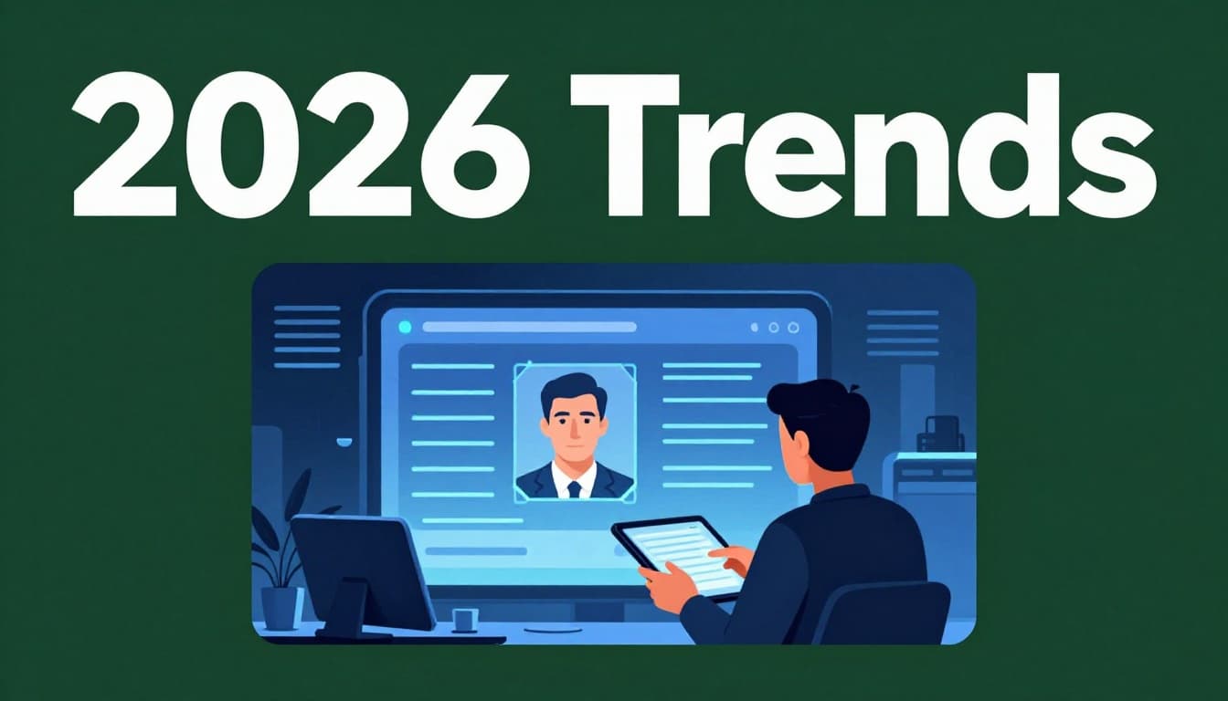 Bold editorial illustration in consistent style: muted dark-green edge-to-edge horizontal band at top (15% height) with large bold geometric sans-serif headline '2026 Trends' in white text, and below it a central depiction of futuristic crypto KYC verification using AI scan lines over ID and biometric face match on a tablet held relaxed by one person in a realistic office setting with dynamic blue lighting.