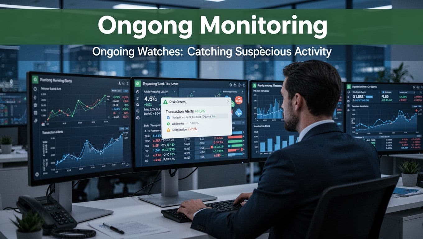 A compliance officer monitors transaction alerts and risk scores on a multi-monitor dashboard in a professional office with cool blue lighting and a top banner stating 'Ongoing Monitoring'. Photorealistic medium shot focusing on the alert pop-up and data charts.
