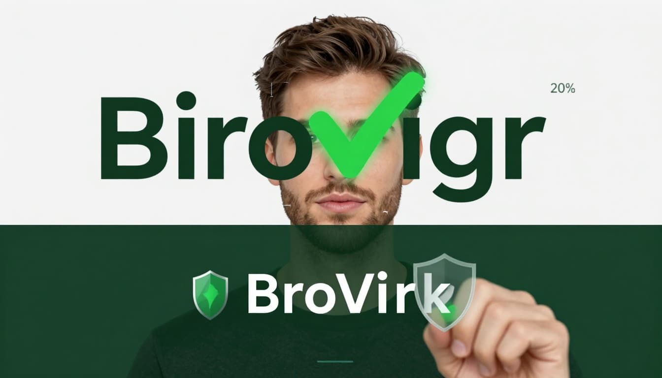 Realistic digital art of a biometric face scan in a simple verification interface, featuring green checkmark liveness detection overlay and anti-deepfake shield, with bold 'Bio Verify' headline on neutral background.