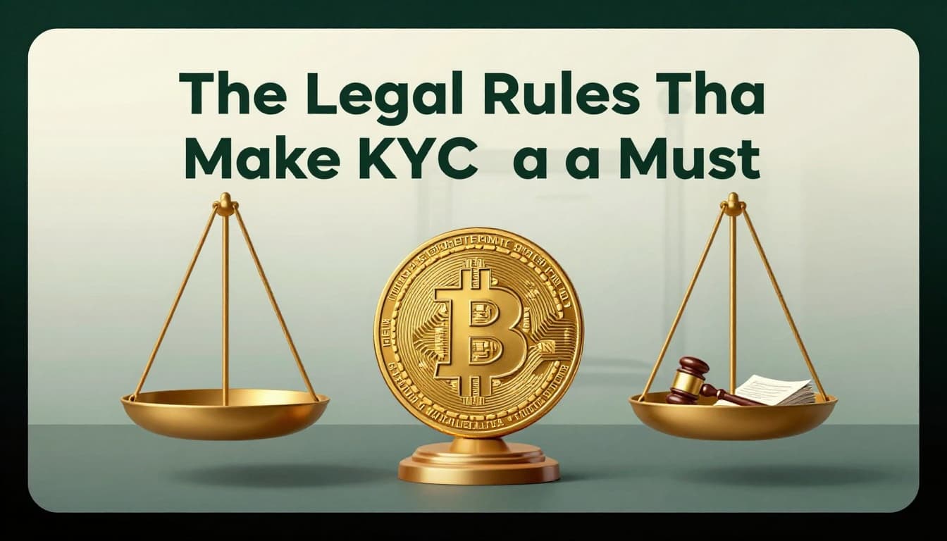 Balanced scales with golden Bitcoin coin on one side and stack of legal documents with gavel on the other, minimalist courtroom background, symbolizing legal requirements for KYC compliance in crypto.