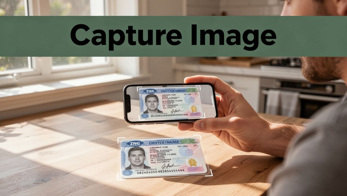 One person sits relaxed at a kitchen table in bright natural daylight, holding a smartphone steadily over the front side of a driver's license flat on the table, with a subtle app frame guide on the phone screen and a bold 'Capture Image' headline in a dark-green band at the top.