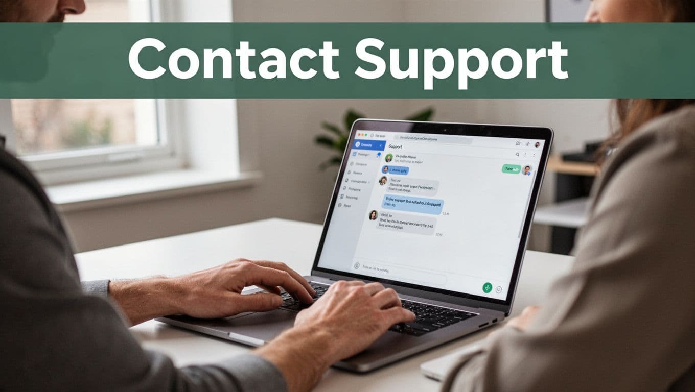 A person quickly typing on a laptop keyboard in a modern home office, screen showing a chat support window with bold 'Contact Support' headline in dark-green band.