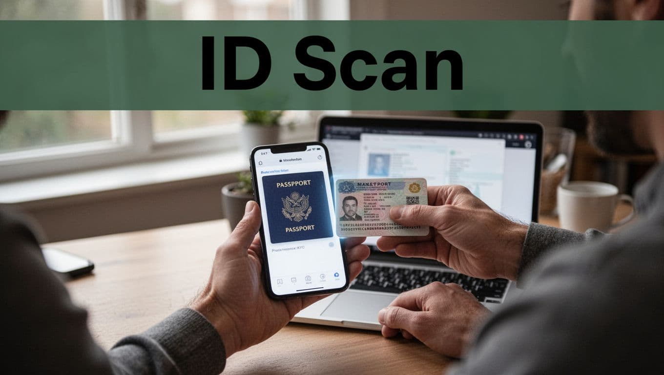 Customer seated at home desk uses smartphone app to scan passport or ID for KYC verification, with laptop nearby and natural daylight lighting.