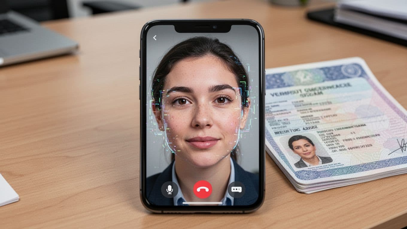 Close-up of smartphone screen showing realistic deepfake video of face during verification call with subtle glitches, office desk and ID document in background.