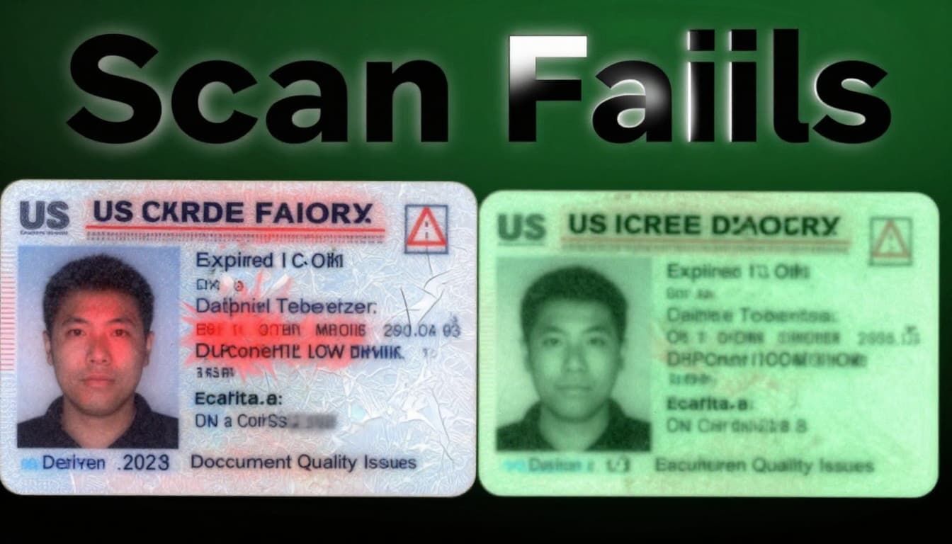 Split landscape composition at retail checkout: left shows wrinkled, expired US driver's license under harsh red scanner light with glare, error icon; right shows clean, flat current ID under even green light succeeding. Bold 'Scan Fails' headline at top.