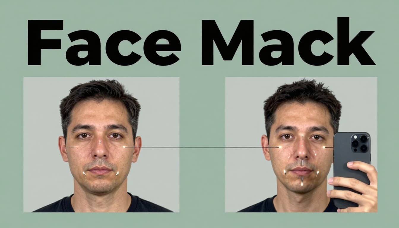 Two side-by-side faces—a neutral passport ID photo of a middle-aged man on the left and his live selfie on the right—connected by glowing lines on matching facial landmarks like eyes, nose, mouth, and jawline, under a bold 'Face Match' headline.