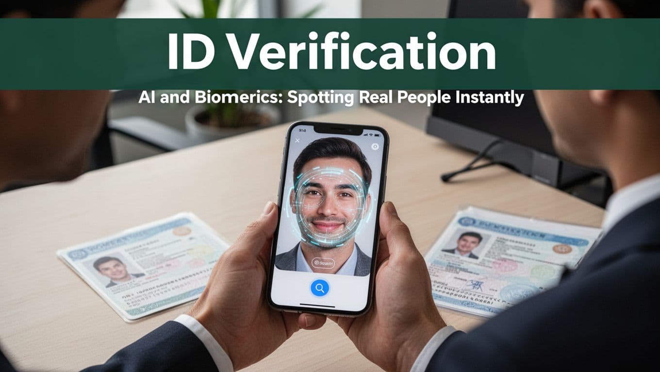 A bank customer holds a smartphone showing a selfie verification app with active facial recognition scan, on a modern office desk with ID documents nearby; close-up on face and phone screen glow in realistic photo style with soft natural daylight, featuring a muted dark-green band with 'ID Verification' headline.