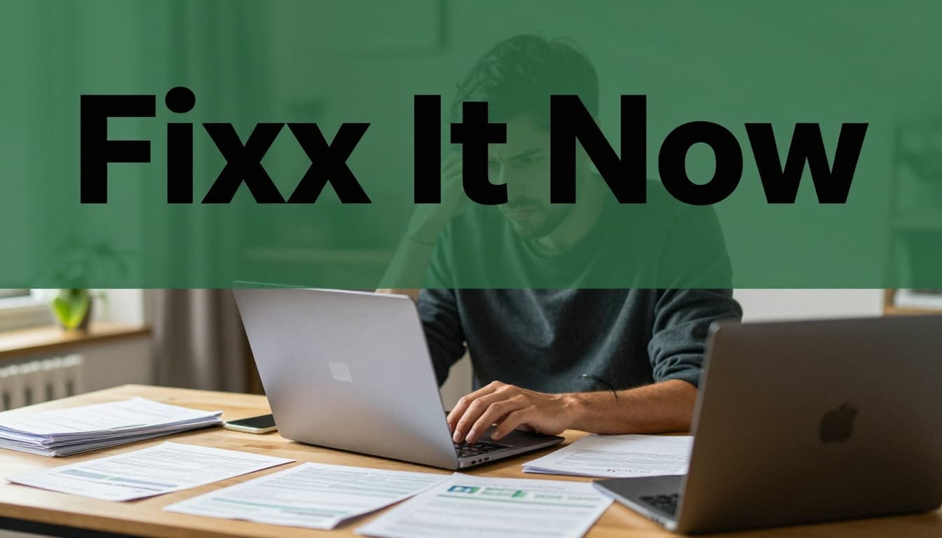 A frustrated person sits at a modern home desk, checking a KYC rejection email on their laptop, surrounded by neatly organized clear ID documents including passport and utility bill, ready for resubmission. Bold 'Fix It Now' headline in a dark-green band at the top, photorealistic style with warm daylight lighting.