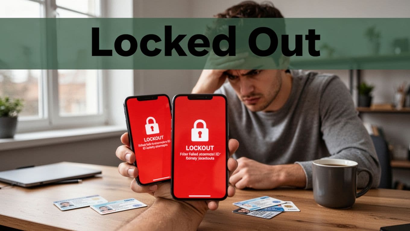 Frustrated young adult at home desk holds smartphone with red lockout warning after failed ID verifications, tense expression with hand on forehead, scattered ID card and coffee mug nearby. Bold 'Locked Out' headline on dark-green band at top in home office setting with natural window light.
