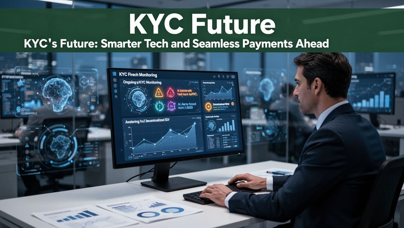 Futuristic fintech dashboard illustrating ongoing KYC monitoring with AI alerts for decentralized IDs, featuring a blurred abstract digital interface and an executive reviewing reports in a professional office.