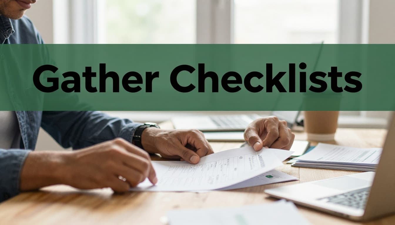 A focused person at a wooden desk in a home office sorts printed forms, checklists, and ID documents under soft natural window light, with a muted dark-green top band displaying the bold headline 'Gather Checklists'. Clean modern realistic photo with warm tones and centered composition.