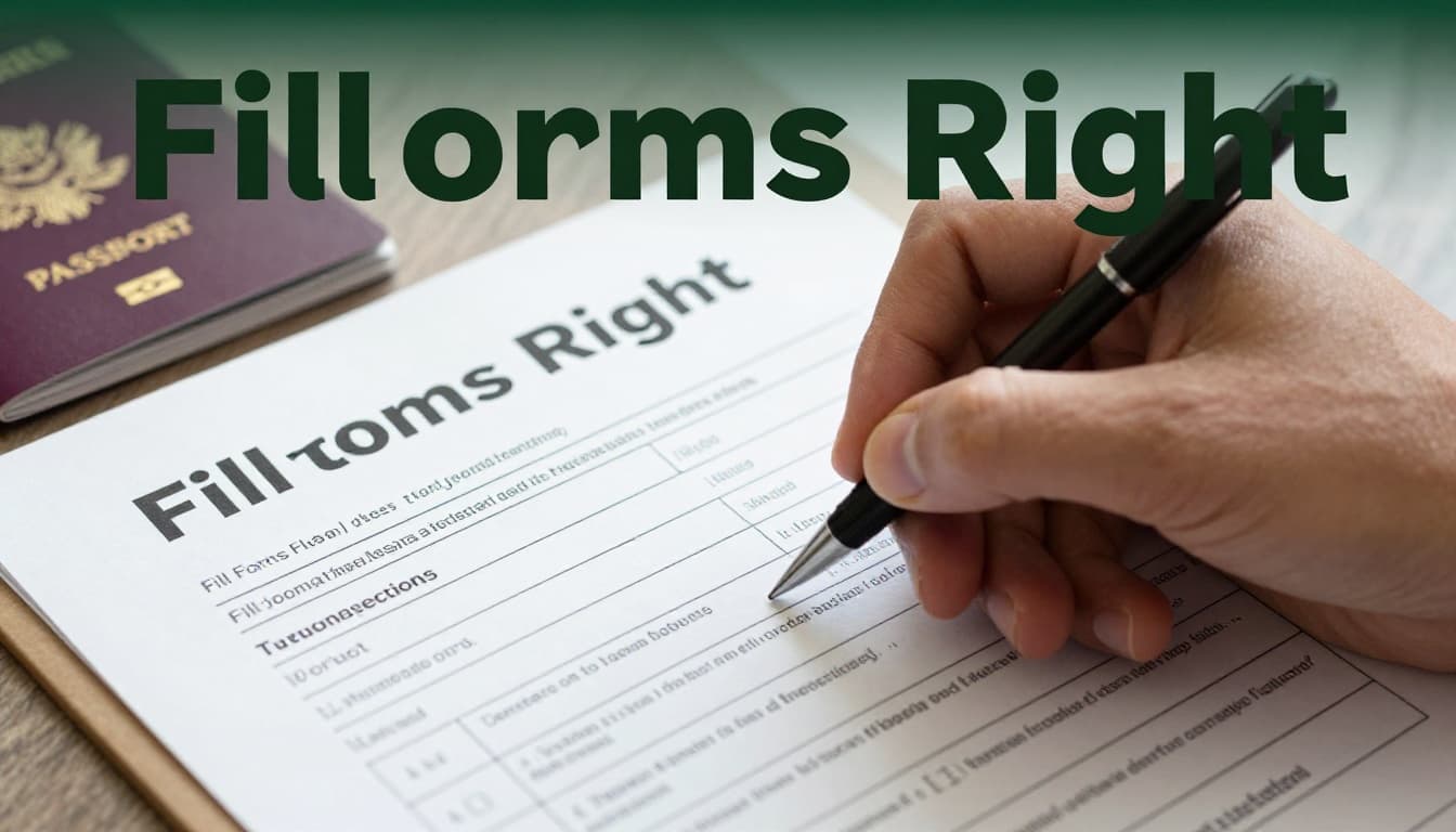 Close-up of a hand filling out a government form with pen on a clipboard, next to passport and ID on a table under bright desk lamp lighting. Features a muted dark-green top band with bold 'Fill Forms Right' headline.