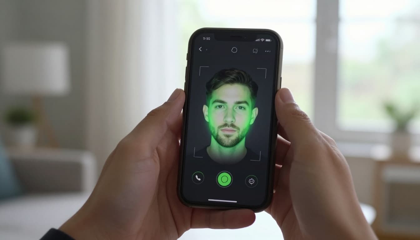 A hand holds a smartphone in a modern home with natural daylight, screen displaying a secure face biometric scan featuring a subtle green glow for liveness detection.