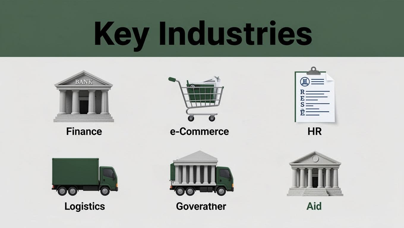 Professional icons of key industries—bank for finance, shopping cart for e-commerce, resume for HR, truck for logistics, and government building for aid—arranged in a clean grid on a neutral background with muted dark-green tones and a bold 'Key Industries' headline.