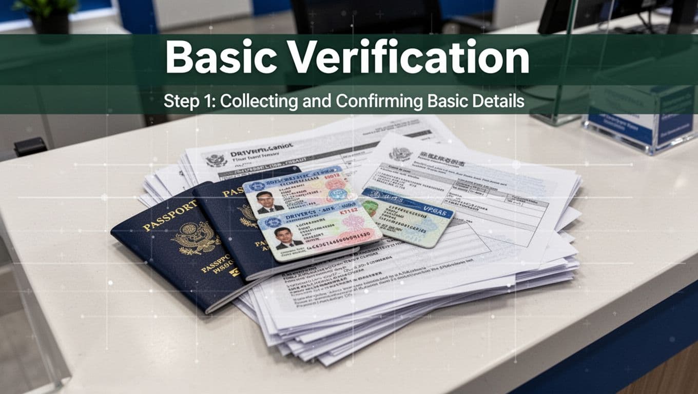 Close-up top-down view of stacked official documents like passports and driver's licenses on a bank desk, with subtle scan lines overlay for verification process in a clean modern bank branch.