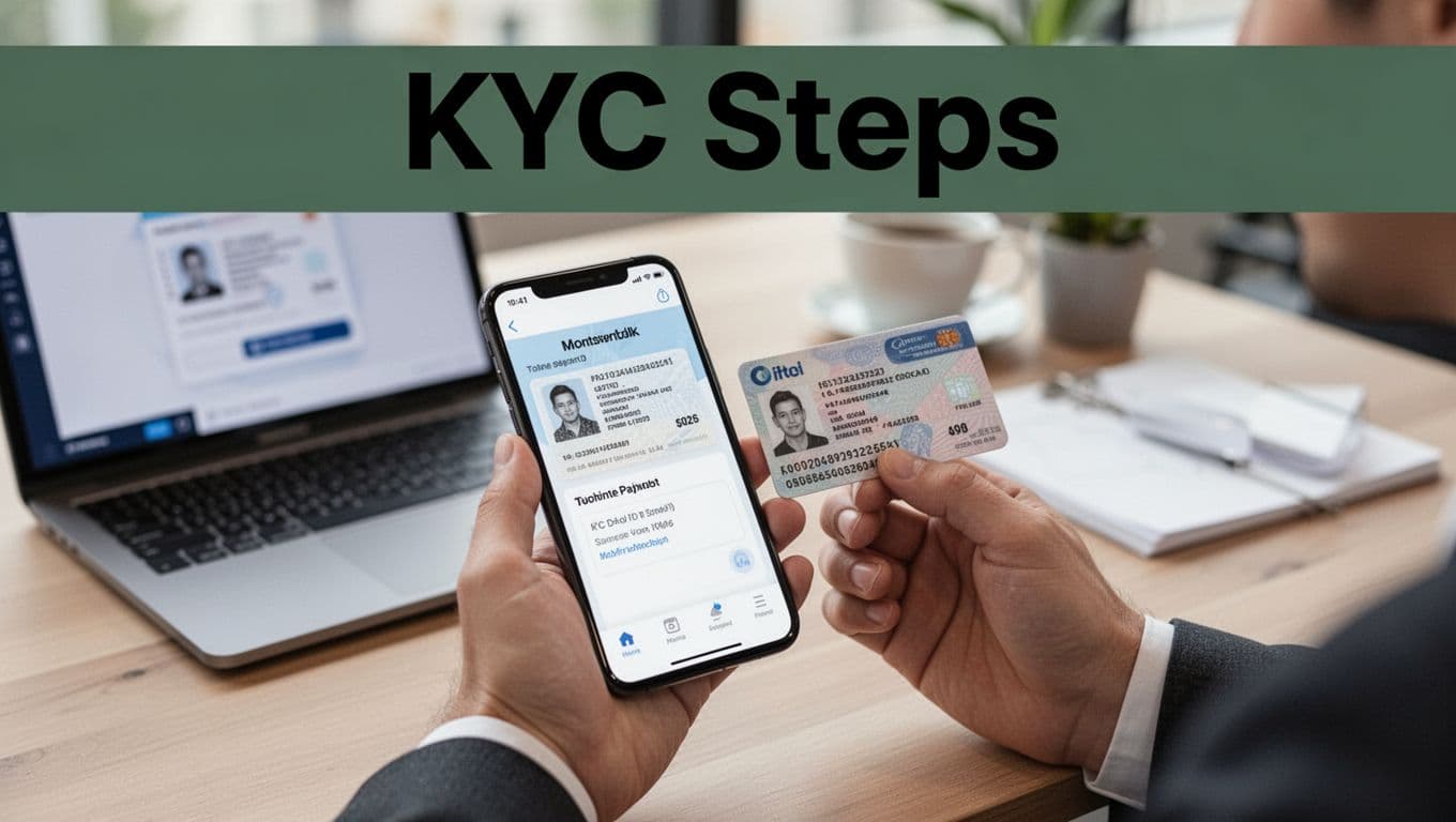 Close-up of hands holding a smartphone uploading an ID document during KYC verification in a fintech app signup process, set on a modern office desk with a laptop nearby and natural daylight. Bold 'KYC Steps' headline in Montserrat Black font on a muted dark-green band at the top.