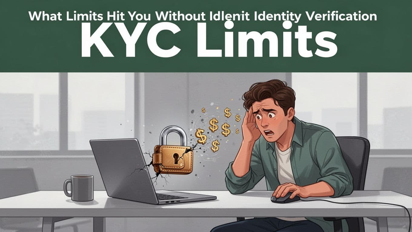 Bold editorial illustration with muted dark-green top band featuring 'KYC Limits' headline in white text, below which a minimalist scene shows a single frustrated user at a modern desk laptop with a locked padlock on crypto wallet and tiny dollar signs escaping a crack.