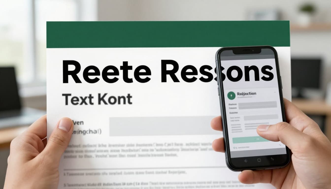 Close-up of hands holding a blurry ID document and phone screen displaying rejection notice in a home office, with bold 'Rejection Reasons' headline.
