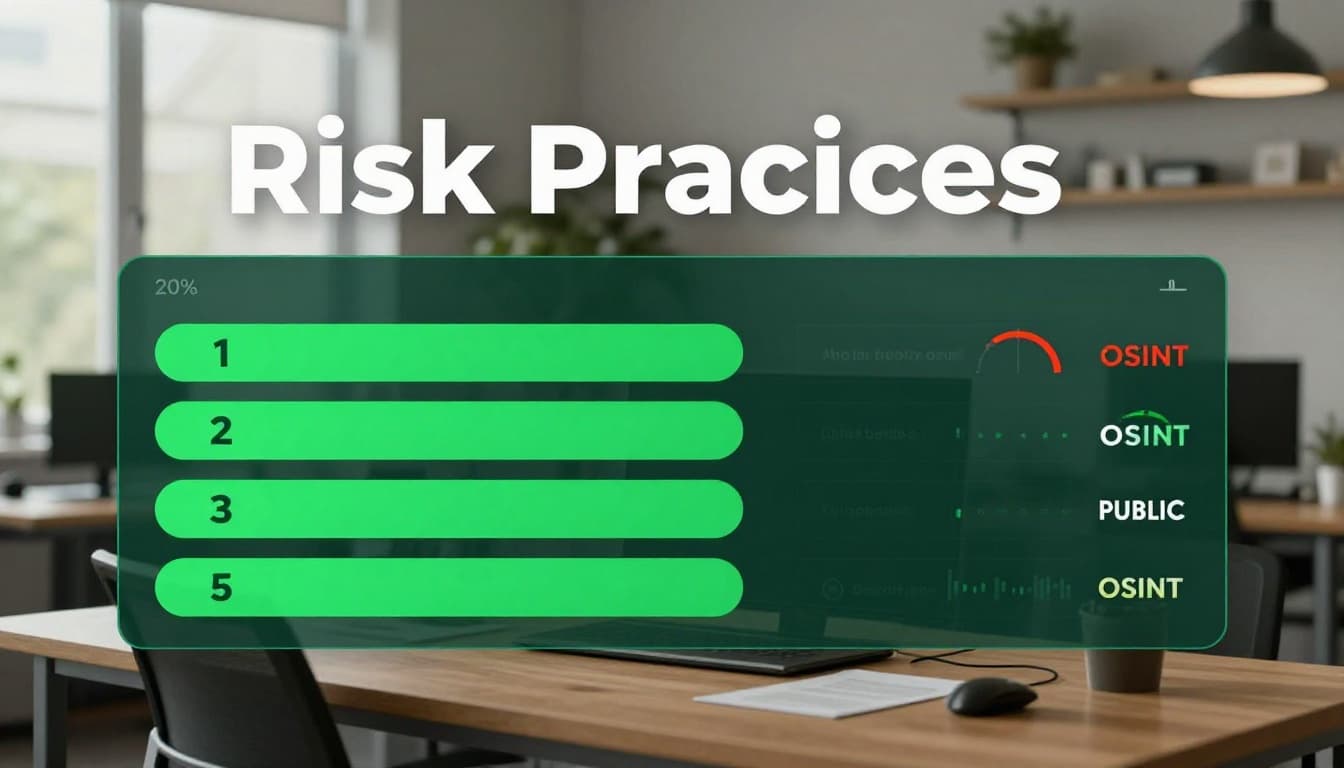 Holographic risk assessment dashboard with green low-risk and red high-risk score gauges, OSINT public data feeds, floating above a clean office desk in modern infographic style with ambient daylight lighting and bold 'Risk Practices' headline.