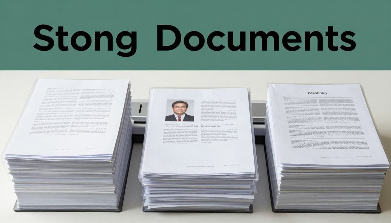 Stack of high-quality scanned documents, passports, photos, and translated papers organized in clear plastic sleeves on a scanner bed with soft office lighting and a bold 'Strong Documents' headline.
