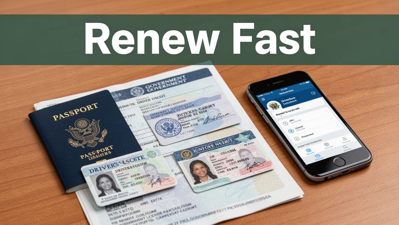 Close-up of passport, driver's license, and ID card laid flat on a wooden desk next to a smartphone showing a government app interface, with a bold 'Renew Fast' headline banner at the top.