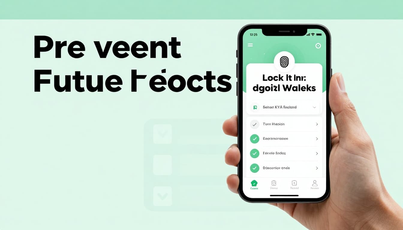 Secure digital wallet app on a phone displaying active biometric fingerprint scan, with subtle checklist icons in the background, in a clean tech workspace. Bold headline 'Prevent Future Rejects' in a muted dark-green band, modern illustrative style focusing on security features.