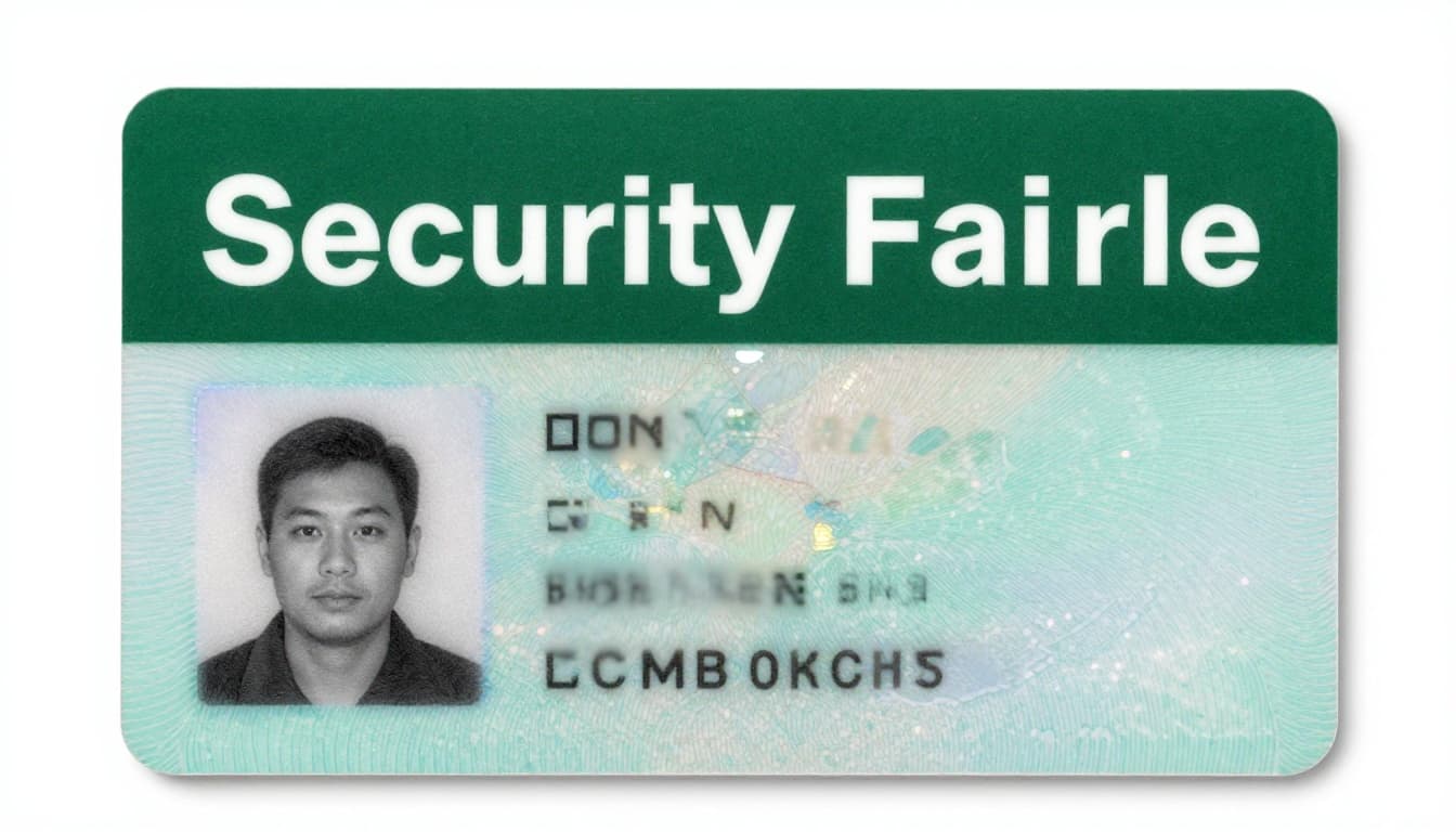 A realistic driver's license or passport ID card displayed flat on a white surface, highlighting anti-fraud elements like iridescent hologram, microprint, UV ink, QR code, and NFC chip under a 'Security Features' headline band.