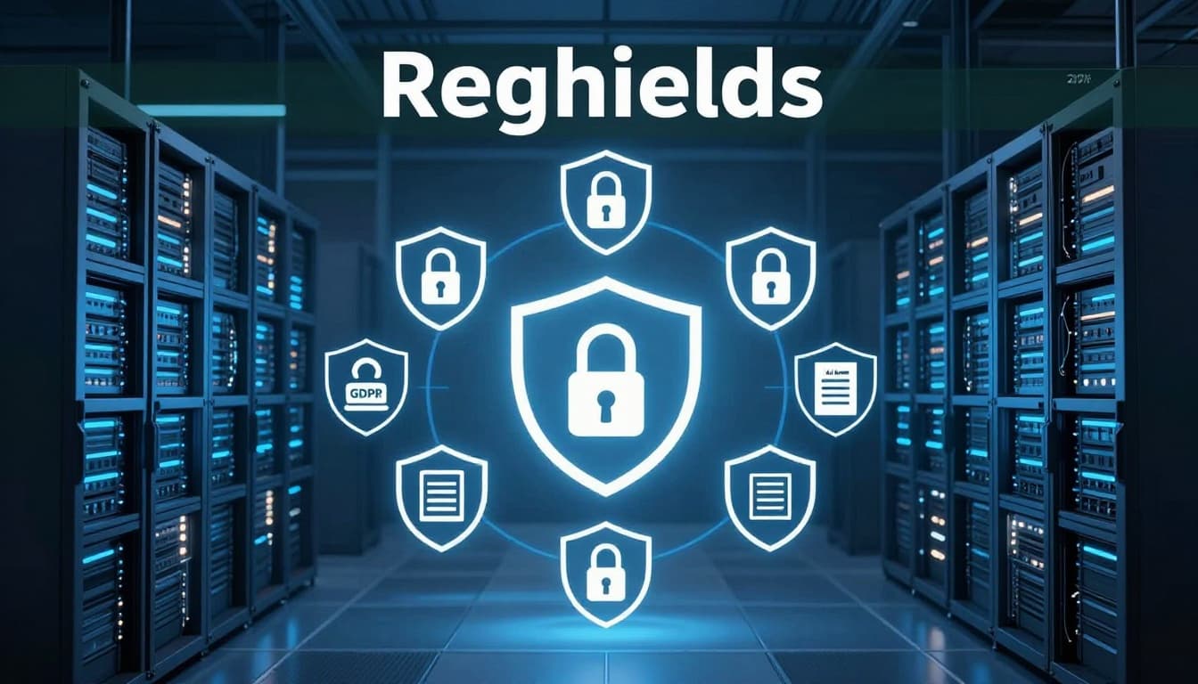 Secure padlock shielding GDPR, AI Act, and lock icons in a modern data center with glowing servers, centered composition, photorealistic with cool blue lighting and 'Reg Shields' headline.
