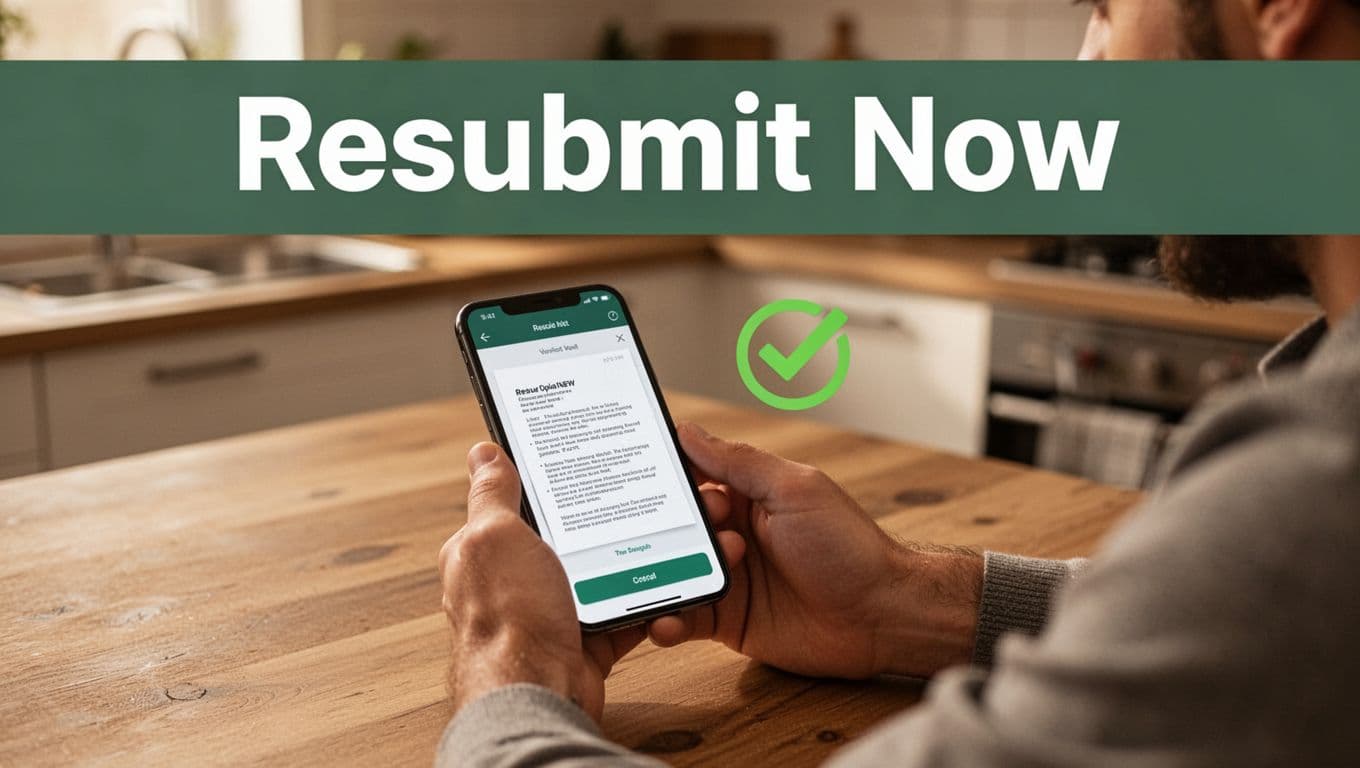 A person in a casual kitchen setting uploads a document scan via a smartphone app, featuring a verification checkmark and a bold 'Resubmit Now' headline on a dark-green band at the top.
