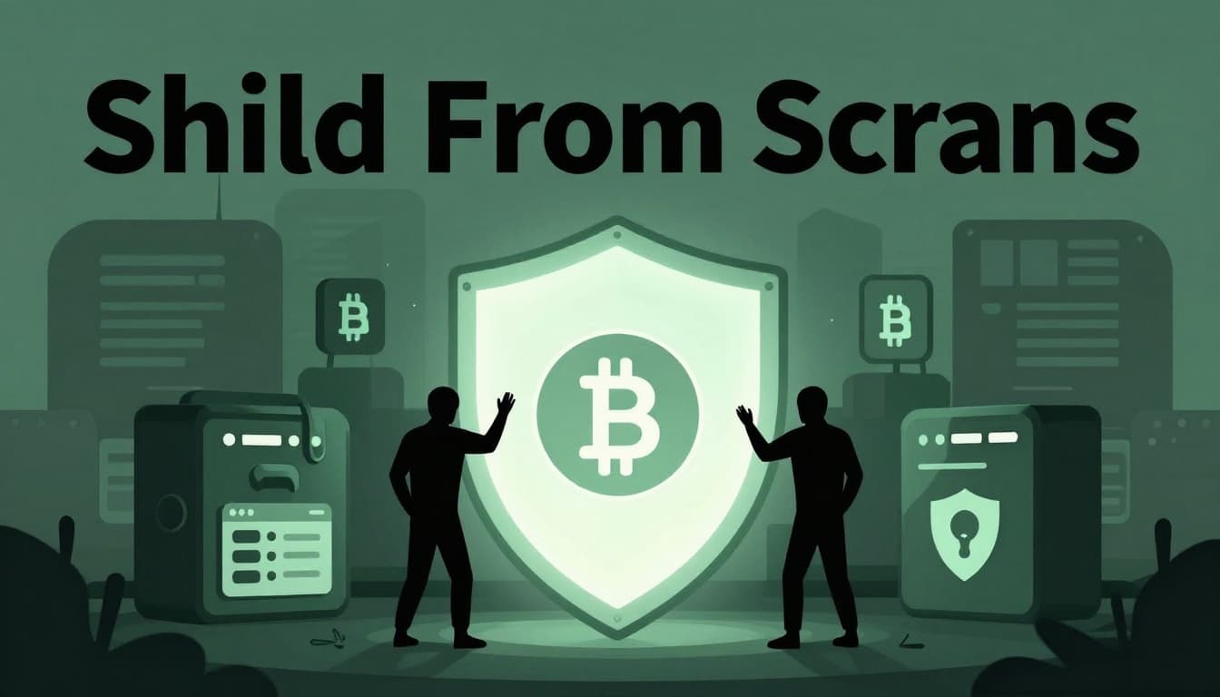 Bold editorial illustration featuring a large 'Shield From Scams' headline on a muted dark-green band, with a massive glowing shield blocking shadowy terror figures and scam icons while protecting a secure crypto wallet and ID badge in a modern digital fortress.