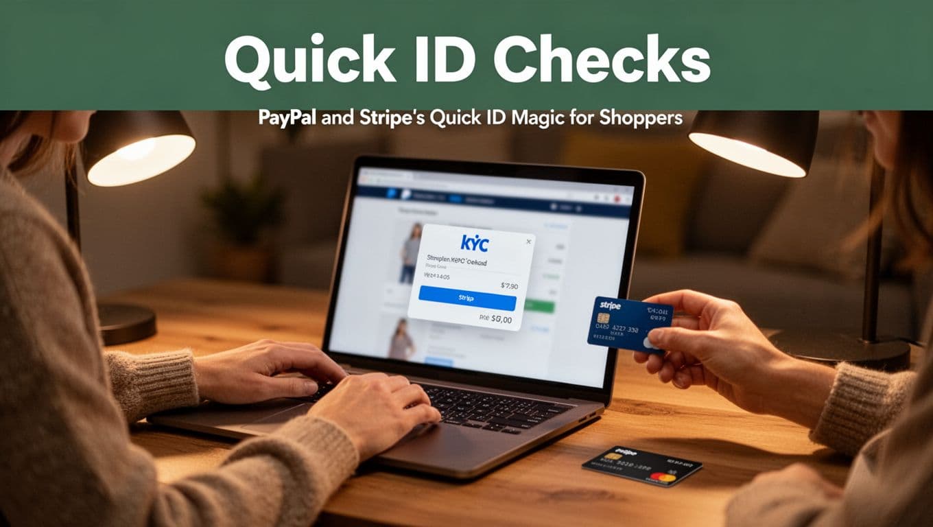 Shopper completing payment on laptop with KYC popup for Stripe or PayPal on blurred e-commerce checkout page, in cozy workspace with credit card nearby and warm desk lamp lighting.