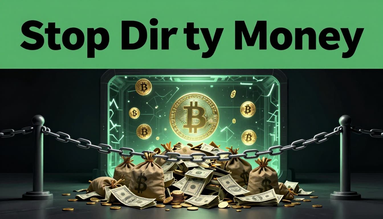 Editorial illustration featuring a bold 'Stop Dirty Money' headline on a dark-green band, with a massive chain-link barrier blocking overflowing bags of dirty cash and coins from reaching shiny Bitcoin symbols safely housed in a glowing blockchain vault.