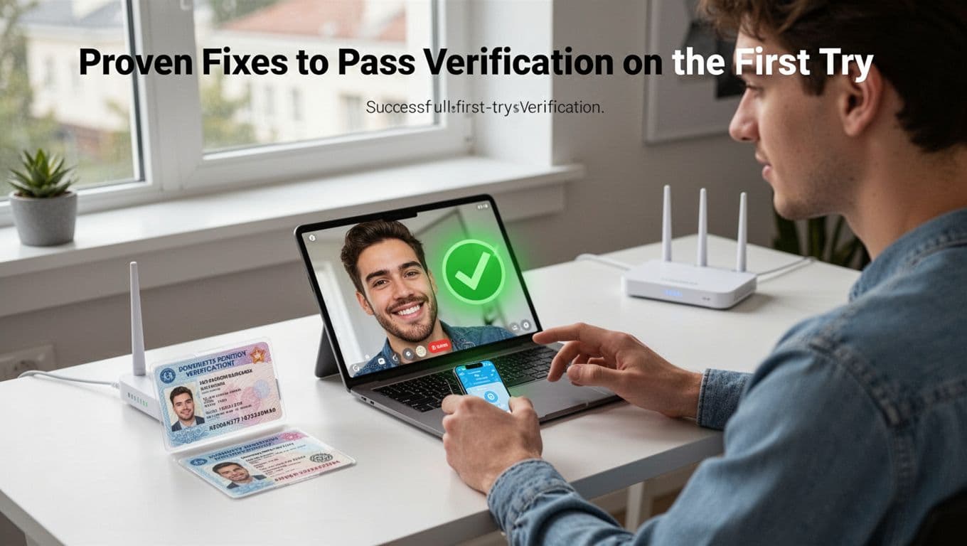 Confident young adult at modern home desk completes successful identity verification on smartphone with clean fresh ID card beside it, steady face selfie on screen with green checkmark, stable WiFi router nearby, natural light.