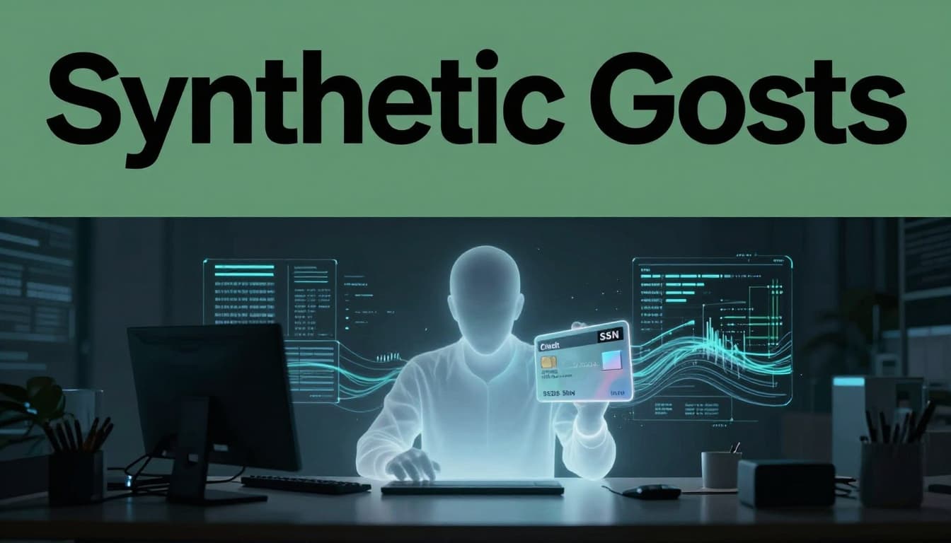 Translucent ghostly silhouette of a person merging a real SSN card with AI-generated data streams forming rising credit score charts and bank statements in a dimly lit fintech office desk setup.